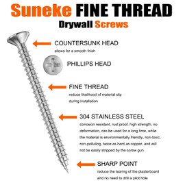 Suneke 200PCS #6 X 3/4" High Hardness Drywall Screws, Black Phosphate, Fine Thread, Phillips Drive, Bugle Head, Wood Screws with Organizer Box & 1 Phillips PH2#2 Long Bit