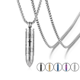 VIUJUH Lord's Prayer Cross Bullet Necklace, Cremation Necklace for Ashes, Celtic Cross Keepsake Memorial Pendant Urn Jewelry, Stainless Steel Lord's Bible Locket with Chain (Silver)