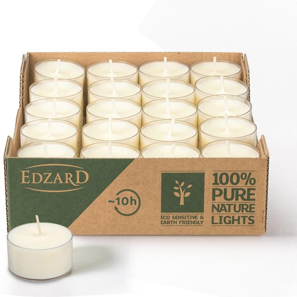 EDZARD Pack of 40 Tea Lights, White, Rapeseed Wax, Transparent
