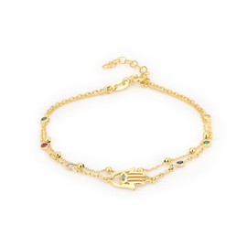 Vanbelle 18K Gold Plated Jewelry - Double Layered Beaded Chain Hamsa Bracelet with Cubic Zirconia Stones - Beautifully Handcrafted for Women - 6.5" Long + 2" Extender