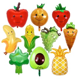 10 Pcs Fruit Balloons and Vegetable Balloons - Large Apple Orange Strawberry Grape Pineapple Banana Avocado Corn Carrot Broccoli Mylar Foil Balloons, Fruit Theme Birthday Party Decorations Supplies
