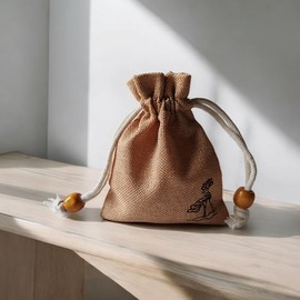 NUTFORD Zen Style Drawstring Burlop Pouch with Real Wood Beads Lotus Print Powder-Leak-proof Lining Suitable for Containing Jewellrey, Dried Herbs etc. (Small-Beige)
