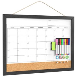 Dry Erase Calendar for Wall, 18x24 Inches Dry Erase Calendar Cork Board Combo, Magnetic White Board Monthly Calendar with Wood Framed, Hanging Dry Erase Board for Planner Home Office Kitchen Memo