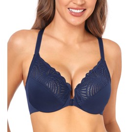 DotVol Women's Front Closure Underwire T-Back Full Figure Plus Size Unlined Seamless Bra(Blue,36C)