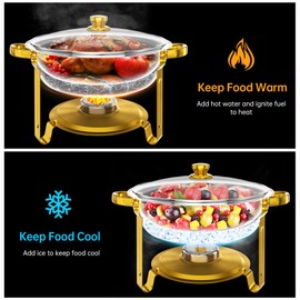 IMXSUMDA Chafing Dish Buffet Set 4 Pack, 5QT Gold Round Chafing Dishes for Buffet, High Grade Chafers and Buffet Warmers Sets with Glass Lid, Rolled-Edge Food Warmers for Parties, Weddings, Catering