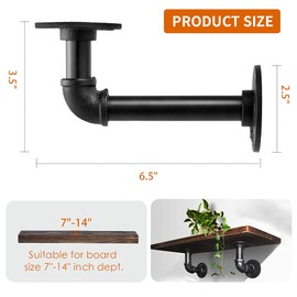 Janyang Industrial Pipe Shelf Brackets for 8 10 12 14 inches Board, Iron L Pipe Floating Shelves, Heavy Duty Metal Shelving Brackets - 6 Pack Black