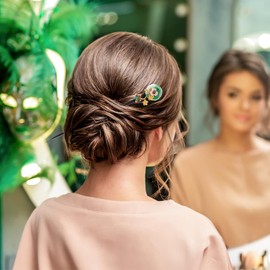 Wooden Hair Sticks Vintage Flower Hair Chopsticks Hair Pins Accessories for Women Girls Long Hair (Green, 18CM)