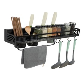 23" Black Wall Mount Utensil Rack with Hooks,Spice Hanging Utensil Holder,for Spatula,Towel,Seasoning Jar Organizer
