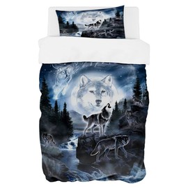 Zomer Bed Linen Set 135 x 200 cm 2-Piece Microfibre Bed Linen Duvet Cover with Moonlight Wolf Group Motif - 1 Fluffy Duvet Cover and 1 Pillowcase 80 x 80 cm