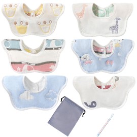 Comfort U Baby Bibs, Boy, 6-Piece Set, 100% Cotton, 6-Ply Gauze, Absorbent, Soft, Petal-Shaped, 360-Degree Bib, Baby Apron, Snap Button, For Meals, With Storage Bag, Baby Shower Gift