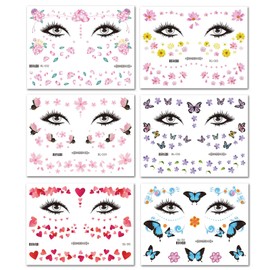 6 Blätter Temporäre Tattoos Blumen Schmetterlinge Fake Tattoos, Makeup Aufkleber Gesicht Tattoo, Schimmer Glitter Makeup Tattoo Aufkleber Stickers für Frauen Teenager Mädchen Gesicht Körperkunst