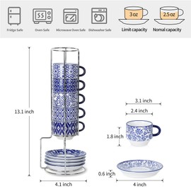 Selamica Ceramic Espresso Cups with Saucers, 2.5 OZ Stackable Demitasse Cups with Metal Stand, Mini Espresso Mugs for Latte Coffee Café Mocha Tea, Set of 6, Vintage Blue