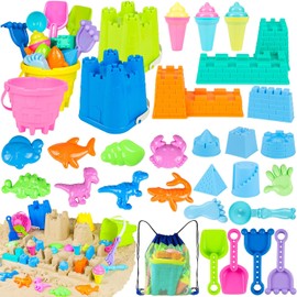 REZUCREY Juguetes de Playa para Niños Pequeños, Juguetes de Castillo de Arena con 4 Cubos de Arena y Palas, Bolsa de Malla y Moldes, Caja de Arena de Viaje de Helado para Playa para Niños Pequeños