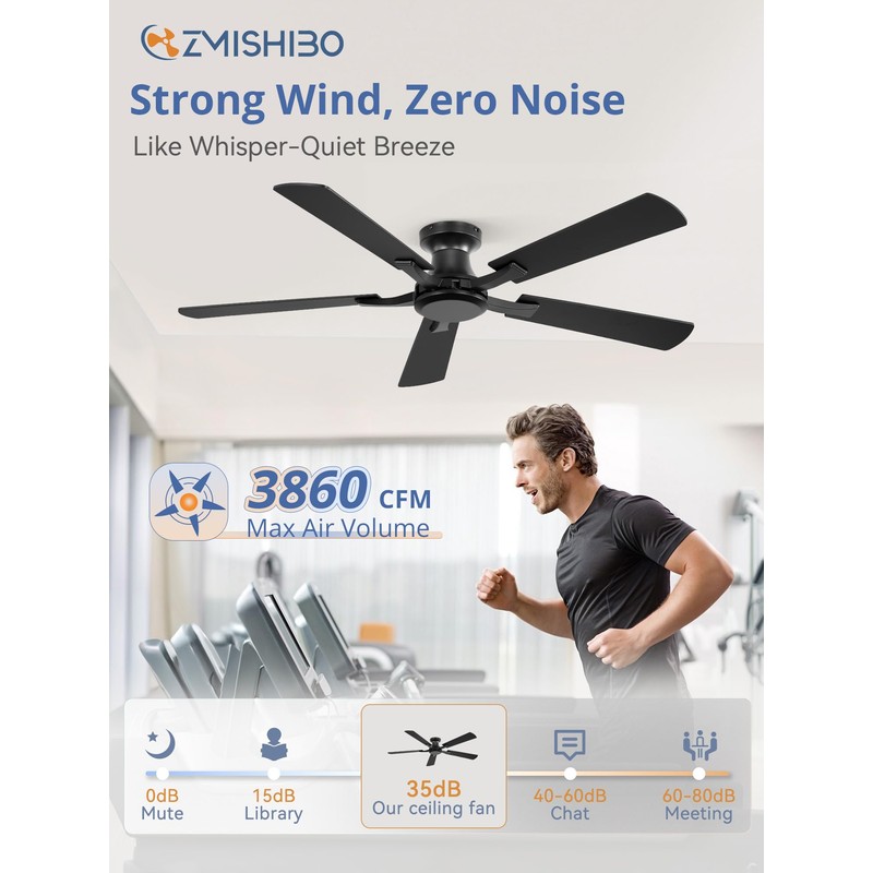 ZMISHIBO 52 Inch Ceiling Fan No Light, Flush Mount Low