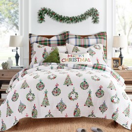 Levtex Home - Festive Baubles Quilt Set - King/Cal King Holiday Quilt 106x92 and Two King Pillow Shams 20x36 - Christmas - White, Green, Red - Reversible - Cotton