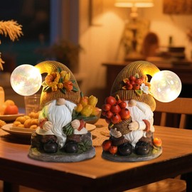 Chonsun 2PCS Garden Gnomes Statues Fall Gnome Decorations Outdoor Indoor Figurines Lights Fairy Garden Thanksgiving Home Decor