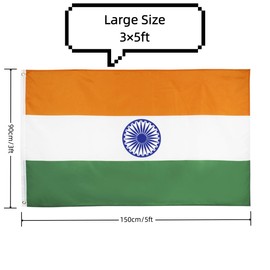 3x5 Ft (90 X 150cm) Indian Flag Large Flag of India with 2 Brass Grommets India National Flag For Party Festival Procession Celebration Sport Activities Garden Home Indoor Outdoor Decoration