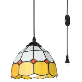 HuisMier Tiffany Plug in Pendant Light, Dimmable Mini Hanging Light with Plug in Cord and On Off Dimmer Switch, 15 Ft Vintage Stained Glass Swag Lamp for Dining Room Restaurant Bedroom, 7.9" Width