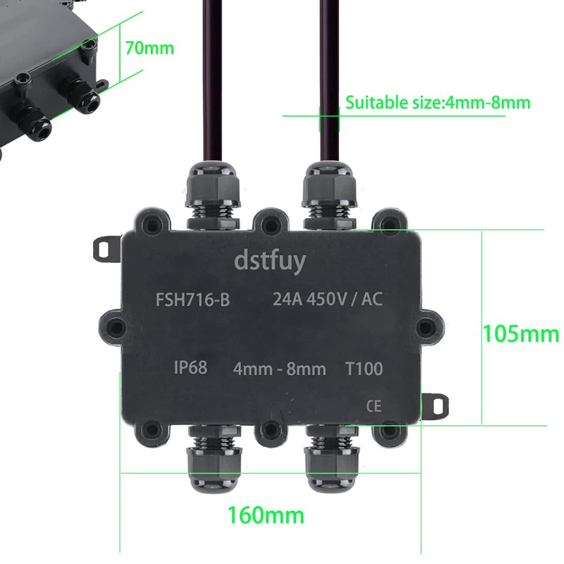 dstfuy Junction Box,ABS Waterproof IP68 Electrical Boxes.with 24A Barrier Terminals