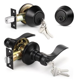 Knobonly 3 Pack Keyed Alike Front Door Handle with Double Cylinder Deadbolt, Matte Black Exterior Door Lock Set, Zinc Alloy
