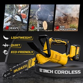 12 inch Brushless Chainsaw, Cordless Saw with Battery and Charger, 5.9Lb Super Lightweight & Compact, Auto Oiler, 5.0Ah Battery 1100w Power, Handheld Chain Saw for Wood Cutting, Tree Trimming, Pruning