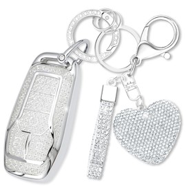 Simocky Key Fob Cover with Heart Keychain, Girly Car Key Shell Case for Women, Compatible with Ford Fusion Mustang F150 Edge Explorer Lincoln MKZ MKC MKX Smart Remote Key Protector (5 Buttons-Silver)