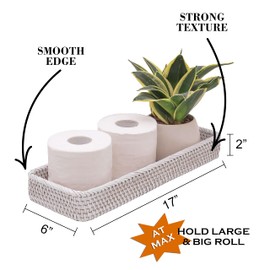 CELEZAR Rattan Toilet Tank Basket Guest Towel Napkin Woven Holder for Serving Organizing Bread Shelves Bathroom Counter Organizers and Storage Decorative Wicker Tray (17 x 6 x 2 inches, White Wash)