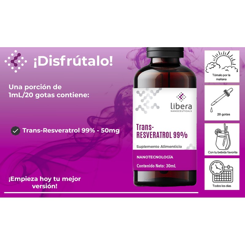 LIBERA NANOCEUTICAL | Trans-Resveratrol 99%, Propiedades Antioxidantes, Fórmula Líquida de