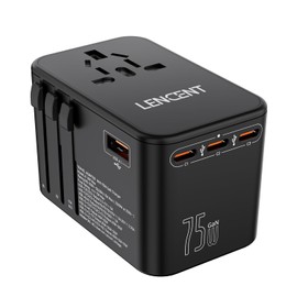 LENCENT 75W Universal Travel Adapter, GaN International Fast Charger with 3 PD3.0 Type C+2 QC USB A, Worldwide Power Adaptor for Phones,Laptops, All in One Travel Essentials for EU/USA/UK/AU