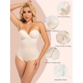 Slimers Strapless Shapewear Seamless Bodysuits - Tummy Control Sculpt Body Shaper : Beige Removable Straps Thong Butt Lifting Shapewear