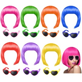 PLULON 7 Pcs Colorful Bob Wigs with Heart Sunglasses Neon Colored Party Wig