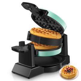 Waffle Maker, 𝟏𝟒𝟎𝟎𝐖 𝐃𝐨𝐮𝐛𝐥𝐞 Belgian Waffle Iron 180° Flip, 8 Slices, Rotating & Nonstick Plates, Removable Drip Tray for Easy Cleaning, Cool Touch Handles, Space Saving Storage, Mint Blue