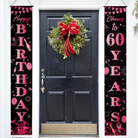 Happy 60th Birthday Party Decorations Black Pink 60th Birthday Door Banner Porch Hanging Banner, 60th Birthday Door Decorations for Women Men 60 Year Old Indoor Outdoor Garden Black Gold