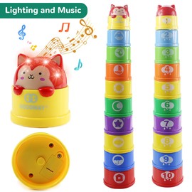 Fisca Baby Rattle Toys Set for Toddler, 6PCS Stacking Cups Horn Roll Ball Toys with Music and Light for Baby 6-12 Months