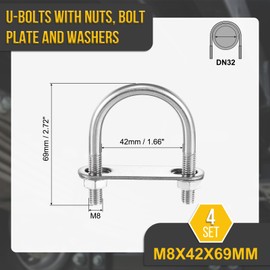 DTGN M8x42x69mm U Bolts Round Kit - 4Set - 304 Stainless Steel U-Bolt Kit with Nuts, Washers, Frame Plate - Good for DN32 Pipe, Trailer, Automotive, Leaf Spring Fastener