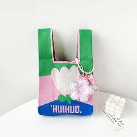 MIUPOO Women's Knitted Shopping Bag, Handmade Knitted Handbag for Women, Mini Knot Wrist Bag, Portable Purse, Woven Shoulder Bag, pink