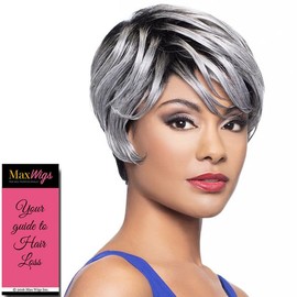 Chloe Wig Color FS4/30 - Foxy Silver Wigs Short Boy Cut Straight Wispy Bangs Fusion Heat Synthetic Side Part African American Average Cap Bundle Hairloss Booklet, Comb