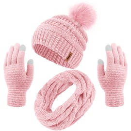 Aneco Womens Winter Warm Sets Knitted Fur Pompoms Beanie Hat Circle Loop Scarf Touch Screen Gloves Winter Favor Accessories