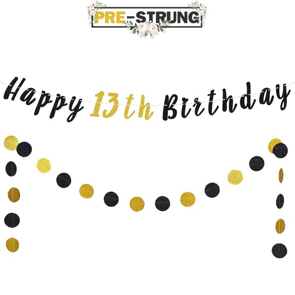 LASKYER Happy 13th Birthday Bunting Banner Black & Gold Glitter