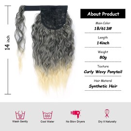Yinmei Baibian Ombre Blonde Curly Ponytail Hair 14inch Short Curly Wavy Wrap Around Pony Tail Synthetic Clip in Corn Wave Ponytails for Black Women Fluffy Heat Resistant Magic Paste Ponytails(1B/613#)