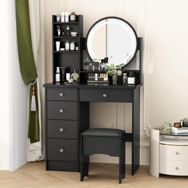 Timechee Make up Vanity Desk with Mirror and Lights,Vanity Mirror with Lights,Vanity Set with Chair,Storage Drawers,Shelves & Cushion Stool,Makeup Table with Round Lighted Mirror for Bedroom,Black
