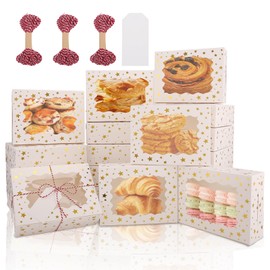 BEVOING 36 Pcs 9x6x3 Inches Christmas Cookie Boxes, White Bakery Boxes with Window Gold Foil Star Treat Boxes 9 Inch Bakery Gift Wrapping Box for Xmas Holiday Party Favor Pastries