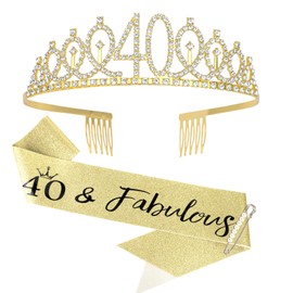 CIEHER Gold 40th Birthday Crown + 40 & Fabulous Sash + Pearl Pin Set, Tiara for Mom's 40th Birthday Decorations and Gifts