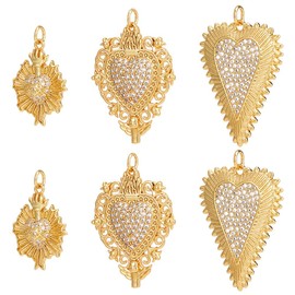 Beebeecraft 6pcs 3 Styles Sacred Heart Charms 18K Gold Plated Cubic Zirconia Pendants Charm Golden Love Shape Charm with Jump Rings for Jewelry Necklace Bracelet Making