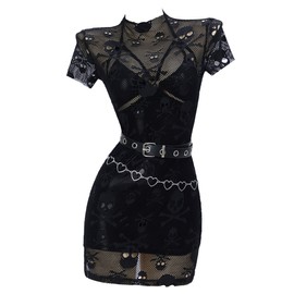 MEOWCOS Women's Cocktail Dress Set Gothic Punk Halter Backless Dress and Lace Mesh Dress with Belt Waist Chain Black
