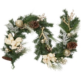 6 Feet Pre-lit Christmas Garland with Lights for Mantle, Lighted Battery Operated Outdoor Xmas Garland with 20 LED Gold Balls Pine Cones Antlers for Fireplace Front Door Stair Railing Decor