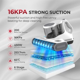 Rosewill Mattress Vacuum Cleaner: 450W 16Kpa Strong Suction, 253.7nm UV-C Light, Ultrasonic & High Heating Tech, Dual Dust Cup - Corded (White Grey) - RHVC-24001