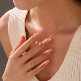 925 Sterling Silver Cubic Zirconia Necklace Crystal Diamond Wedding Necklace for Women Dainty 14K Gold Plated 3 Balls Pendant Necklaces Adjustable Necklaces Bridal Bridesmaid Jewelry Gift (Gold)