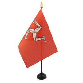 AZ FLAG - Isle of Man Table Flag 4'' x 6'' - Manx Mini Desk Flag 100% Polyester 15 x 10 cm - Office Banner with 10'' Pole - Golden Spear