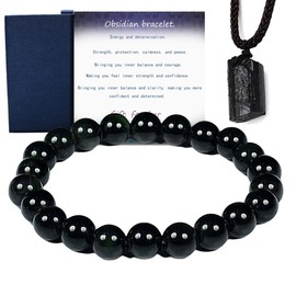 2-piece Crystal bracelet 8mm natural bracelet necklace set-elegant protective jewelry for men and women (Obsidian)
